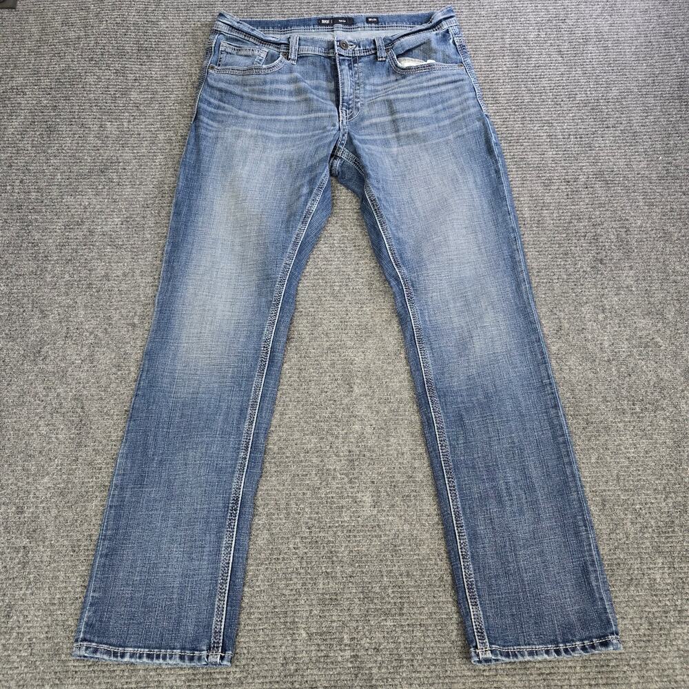 BKE Nolan Jeans Mens 36x34 Blue Straight Leg Stretch Faded Whiskered Denim